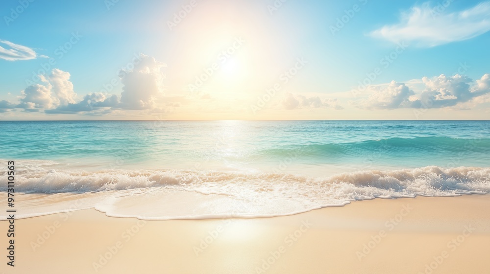 Poster Serene sunrise over a tranquil beach with gentle waves and clear skies during early morning hours