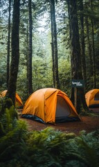 Eco-Friendly Camping Tents Set in Forest with Special Deals, Morning Setup, Relaxed Mood, Bright Orange Tents