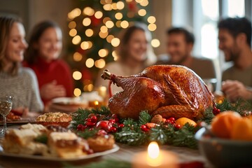 A festive holiday dinner featuring a beautifully roasted turkey on a table adorned with seasonal decorations and family members enjoying the occasion
