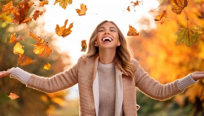young girl laughing and throwing fall leaves into the air in autumn park; copy space