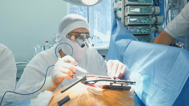 Doctor works with laser scalpel in surgery room. Surgeon with optical tools conducts artery bypass surgery in hospital. Heart illness treatment