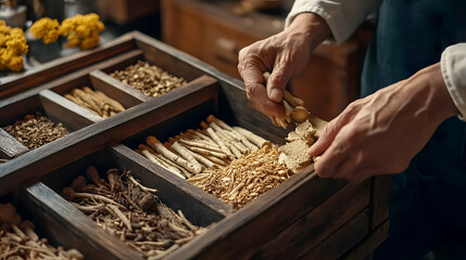 Chinese herbs being prepared in a traditional wooden box, with herbs like angelica root and chrysanthemum flowers