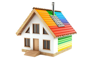 Colorful house with rainbow roof and solar panel represents sustainable living and energy efficiency in modern architecture.