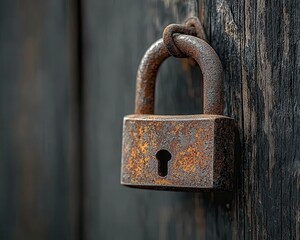 A rusty padlock still attached to a decayed wooden door, symbolizing old secrets and forgotten places antique padlock, timeworn, rusted security