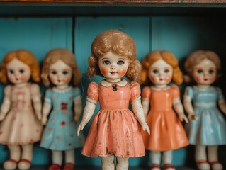 Timeworn porcelain dolls with cracked faces and faded dresses, standing in a dusty display case antique dolls, timeworn, vintage toys