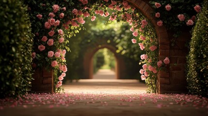 Fototapeta premium Low Angle View of a Brick Archway Covered in Pink Roses Leading to a Path Scattered with Petals