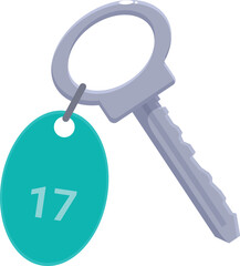 Metal hotel room key with attached key fob showing the number 17