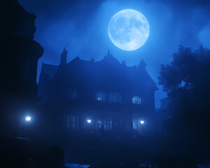 Naklejka premium haunted mansion with flickering lights and a full moon