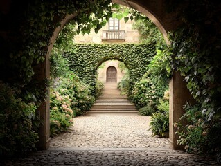 Obraz premium Secret Garden Pathway Low Angle Perspective through Stone Archway with Lush Greenery and Cobblestone Path Leading to Ancient Door
