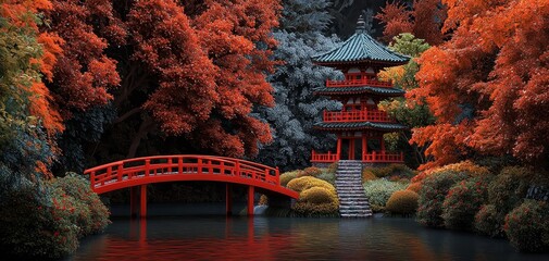 Serene Pagoda and Red Bridge Reflected in Autumnal Pond A Japanese Garden Dream