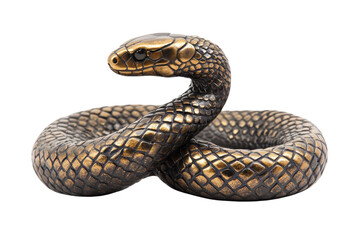 Elegant bronze snake sculpture with detailed scales, coiled in a lifelike position, isolated on a transparent background.