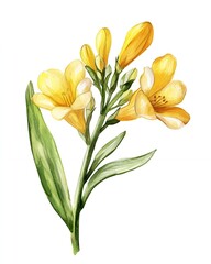 Fototapeta premium Delicate yellow flowers with green leaves, a beautiful watercolor painting.