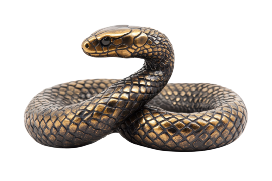 Elegant bronze snake sculpture with detailed scales, coiled in a lifelike position, isolated on a transparent background. - Powered by Adobe
