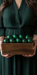 Fototapeta premium Minimalistic Close-Up of Woman Holding Wooden Box with Green Christmas Balls – Dark Emerald Color Palette