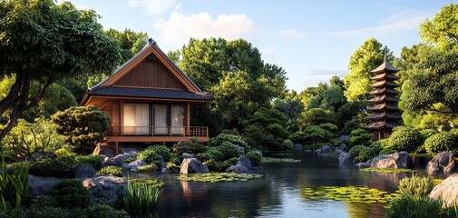 Fototapeta premium Serene Sunset Reflections Japanese Garden with Traditional House and Pagoda Lush Greenery and Tranquil Pond