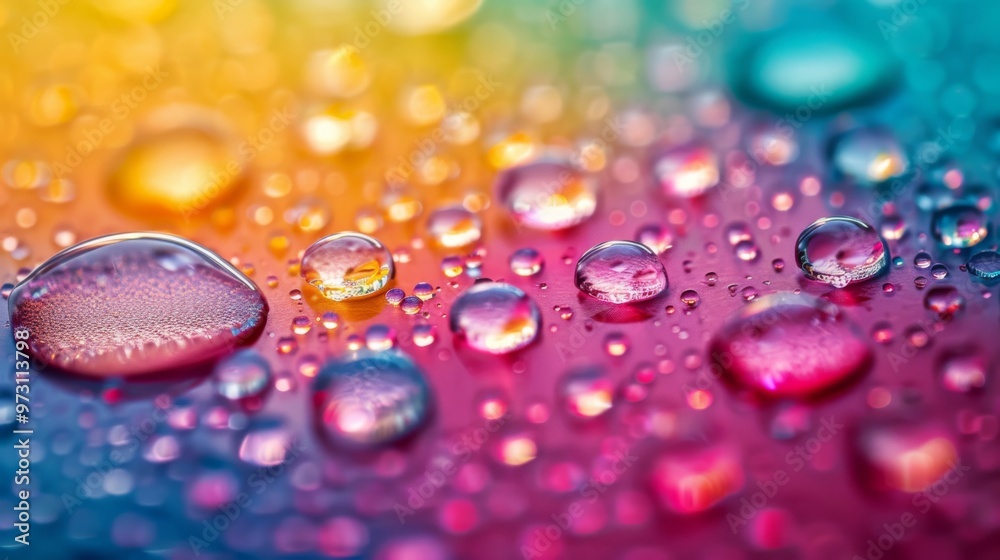Poster close-up image of water droplets on a brightly colored surface with vivid and contrasting hues blend