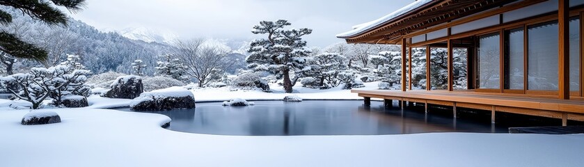 Snowcovered Japanese Garden A wooden deck extends over a frozen pond framed by a snowdusted landscape a tranquil scene of winter serenity