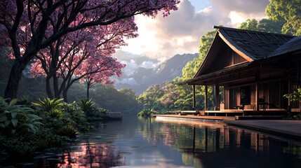 Fototapeta premium Serene Reflection A Japanese House on Still Water framed by Pink Blossoms and Misty Mountains