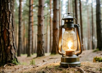 Lantern Shining in the Dark A glowing lantern sitting in a dark forest, lighting up the immediate area and providing direction through the unknown.