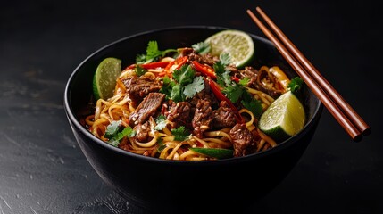 HighAngle View of Beef Noodles with Lime Cilantro and Chopsticks on Black Surface