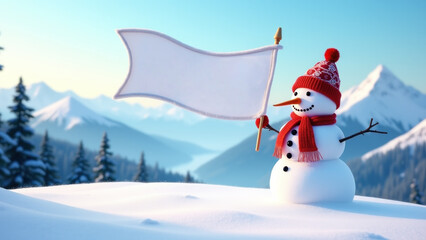 Fototapeta premium Snowman with flag in snowy mountains