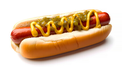 Classic hot dog served with mustard and relish, with the bright toppings contrasting beautifully with the golden bun