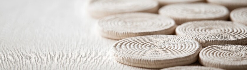 Naklejka premium Circular Woven Texture Closeup View of Beige Intertwined Threads Forming Concentric Circles on a White Background
