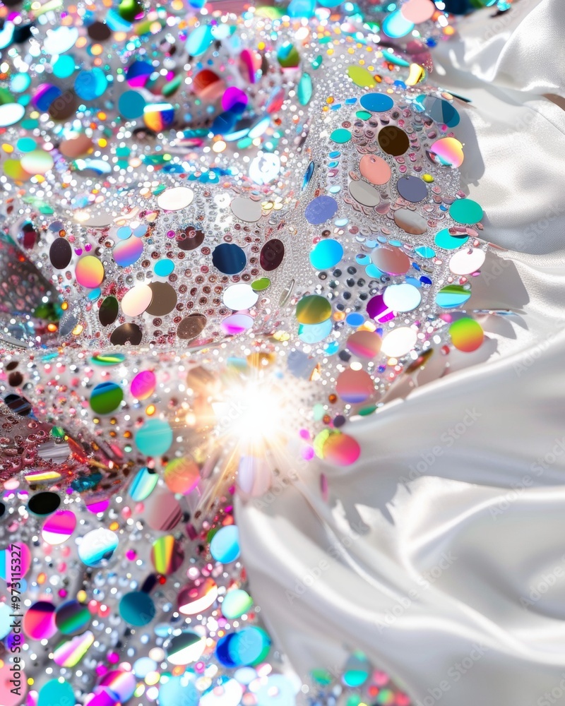 Poster intricate sequin embroidery on fabric shimmering close-up with light reflections