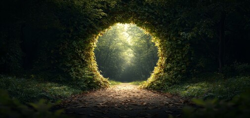 A lowangle perspective of a path leading through a leafy archway revealing a sundappled forest beyond