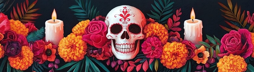Obraz premium A vibrant composition featuring a decorated skull surrounded by colorful flowers and candles, ideal for celebrating life and memory.