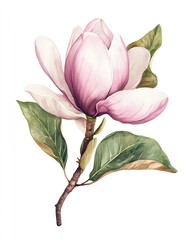 Fototapeta premium Delicate pink magnolia flower with green leaves against a white background.