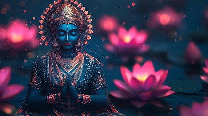 A serene blue deity surrounded by glowing lotus flowers, symbolizing peace and spiritual enlightenment in a tranquil setting.
