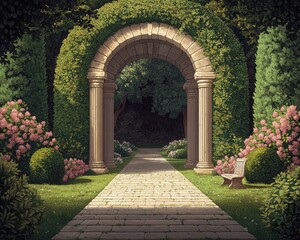 Fototapeta premium Stone Archway Pathway Through Lush Garden Perspective Low angle Composition Symmetrical Image Details Sunlight streaming through the archway Concept Tranquility and mystery