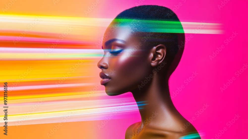Poster Abstract Fashion Portrait of a Model with Blurred Multicolored Background and Symmetrical Vertical Lines
