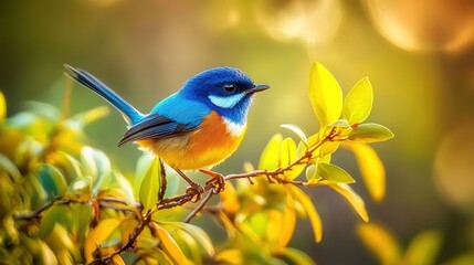 A vibrant blue and orange Superb Fairy-wren bird perched on the edge of an elegant
