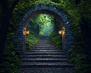 Stone Archway Leading to Mysterious Forest Path with Lanterns and Fallen Leaves