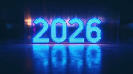 "2026" on an empty solid background with bright blue color, in a futuristic neon style. 32k, full ultra hd, high resolution
