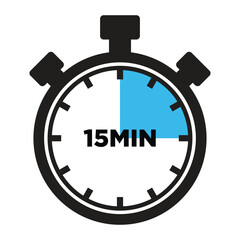 15 Minutes Timer Icon, Modern Flat Design. Clock, Stopwatch, Chronometer Showing Fifteen Minutes Label. Cooking time, Countdown Indication.