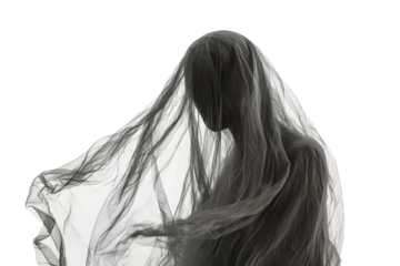 Mysterious figure covered in flowing sheer fabric, creating an eerie and ethereal atmosphere. Isolated on a transparent background.