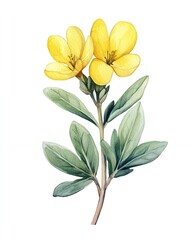 Obraz premium Watercolor illustration of a delicate yellow flower with green leaves.
