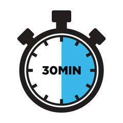 30 Minutes Timer Icon, Modern Flat Design. Clock, Stopwatch, Chronometer Showing thirty Minutes Label. Cooking time, Countdown Indication.