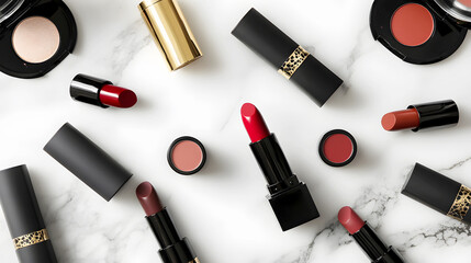 Obraz premium flat lay of various matte lipsticks in different shades, arranged on a marble countertop with complementary makeup