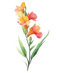 Delicate watercolor painting of a single stem of orange and yellow flowers.