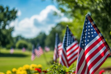 American Flags with Blurred Sky Background and Copy Space Patriotic Stock Photo with generative ai