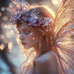 Obraz premium Fairy With Golden Wings and Flower Crown in Magical Forest