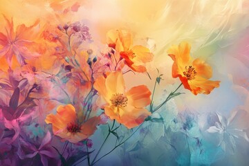 Abstract Painting of Orange Flowers on a Colorful Background