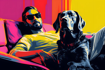 illustration chilling on the couch with a dog pop art style