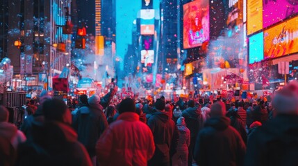 Crowd of people celebrating New Year eve in Times Square, Manhattan, New York - Generative AI
