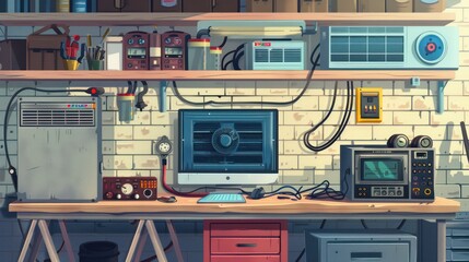 Workshop Interior with Computer and Tools