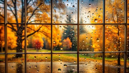 Rain-covered window with autumn scenery and colorful leaves outside